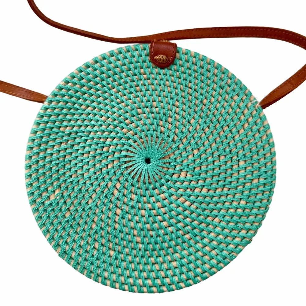 POPPY & SAGE Camilla Aqua Turquoise Woven Rattan Circle Crossbody Handmade NEW